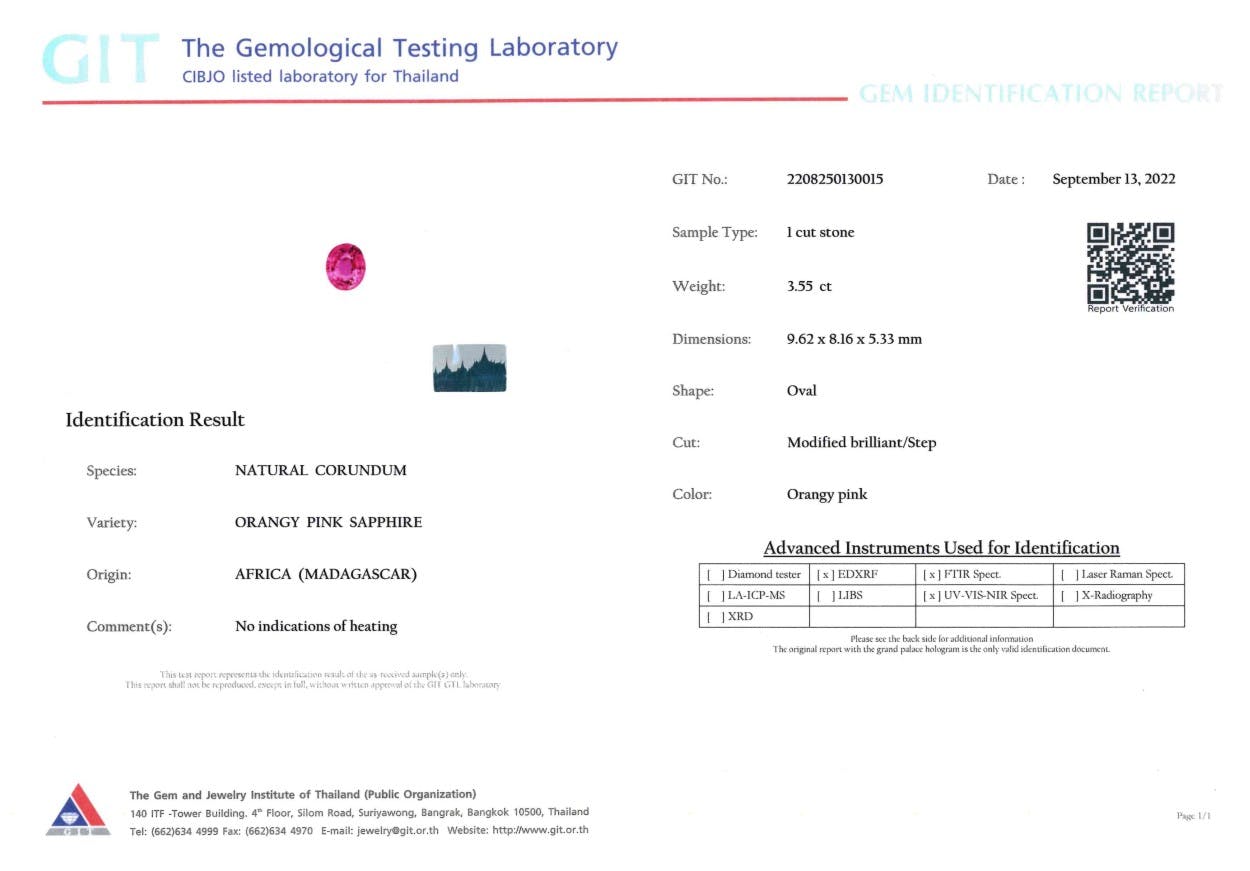 Un Bonnot Paris Saphir Rose · 3,55 ct de Madagascar est accompagné d'un rapport de laboratoire de tests gemmologiques détaillant ses dimensions, aucune indication de chauffage, un code QR et la date : 13 septembre 2022.