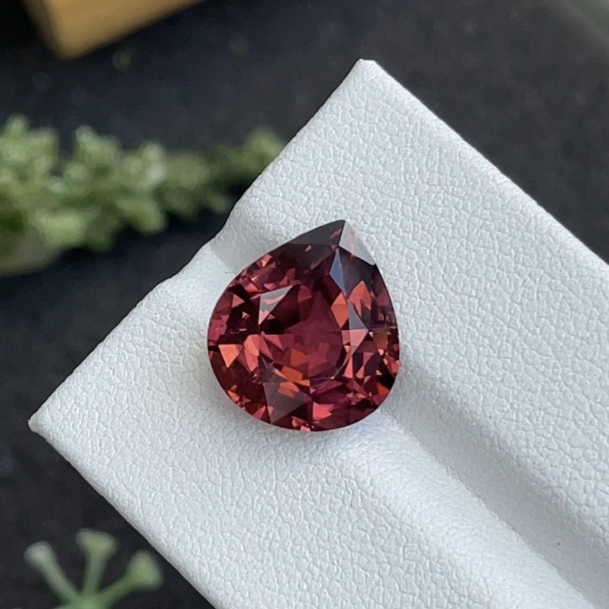 La Tourmaline Rose de 7,26 carats de Bonnot Paris est présentée sur une surface texturée gris clair, avec une plante verte floue en arrière-plan. Cette pierre précieuse rouge foncé en forme de poire reflète magnifiquement la lumière, mettant en valeur ses facettes et sa clarté.