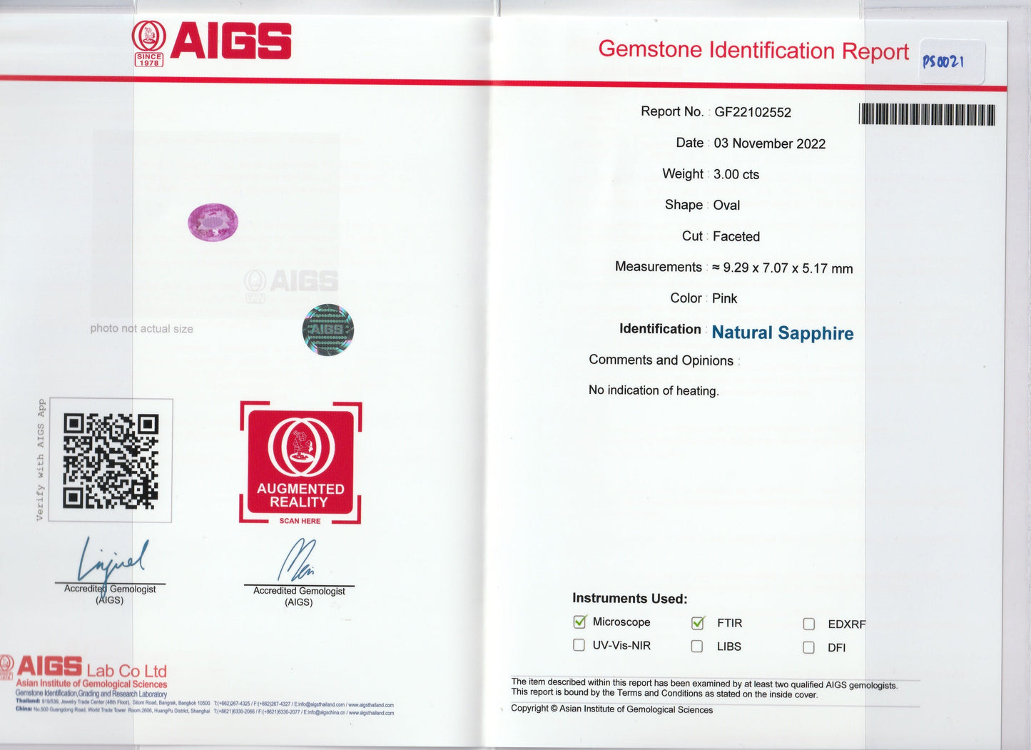 Un rapport d'identification de pierre précieuse réalisé par AIGS pour le Saphir Rose · 3 carats de Bonnot Paris décrit un saphir naturel rose ovale facetté, confirmant son origine naturelle. Il comprend le numéro du rapport, la date, le poids, les dimensions et un QR code, ainsi que diverses certifications.