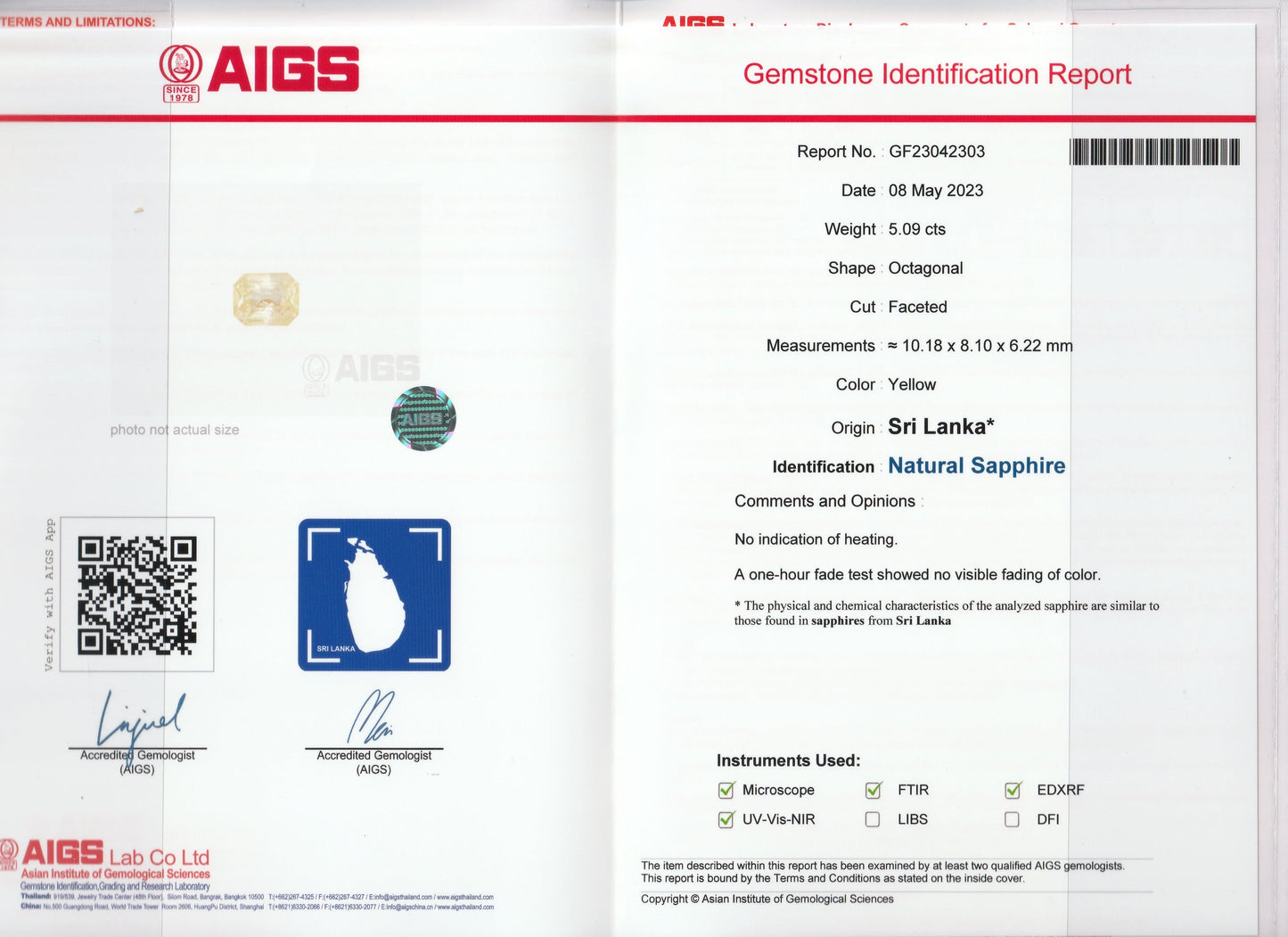 L'image présente un rapport d'identification de pierre précieuse établi par l'AIGS pour le Saphir Jaune Bonnot Paris, un saphir octogonal facetté de 5,09 carats provenant du Sri Lanka. Ce rapport confirme l'origine naturelle de la pierre, incluant mesures, notes et méthodes d'identification.