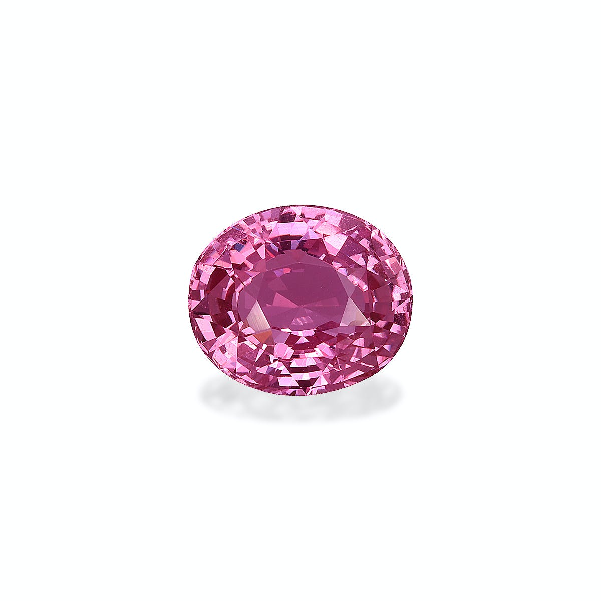 Le Saphir Rose · 3,55 carats de Bonnot Paris, une pierre rose ovale facettée, se présente sur un fond clair projetant une ombre douce. Sa surface reflète la lumière, soulignant sa clarté et sa couleur vibrante.