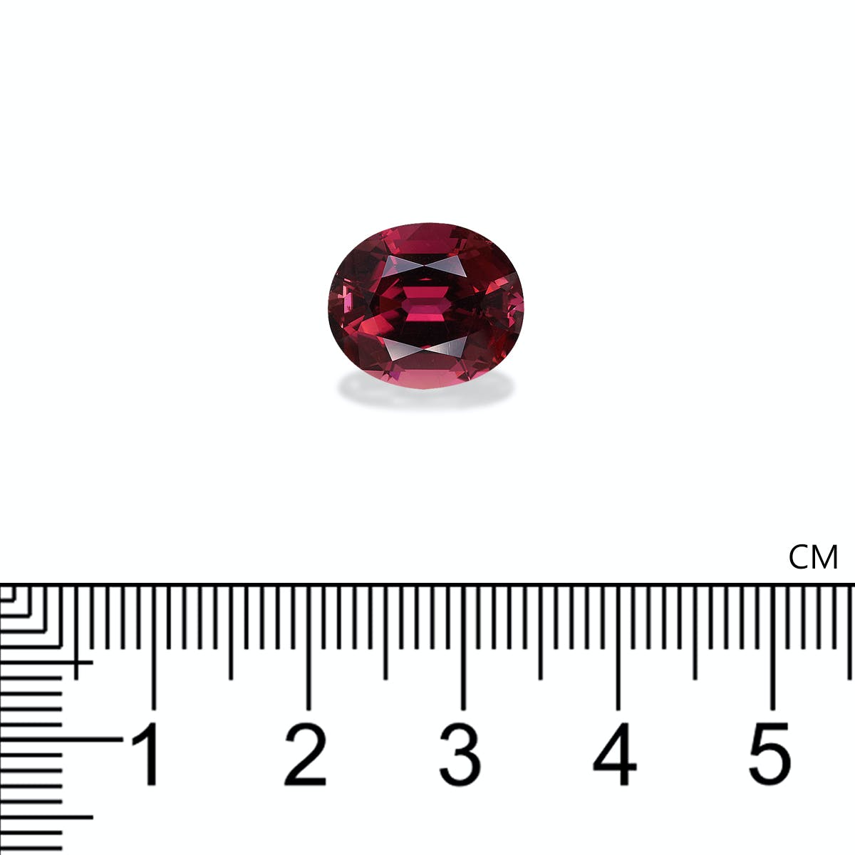 La Tourmaline Rose (6,32ct) de Bonnot Paris est de forme ovale, rouge, et sertie sur un fond clair avec une règle indiquant qu'elle mesure environ 1,5 cm de large.