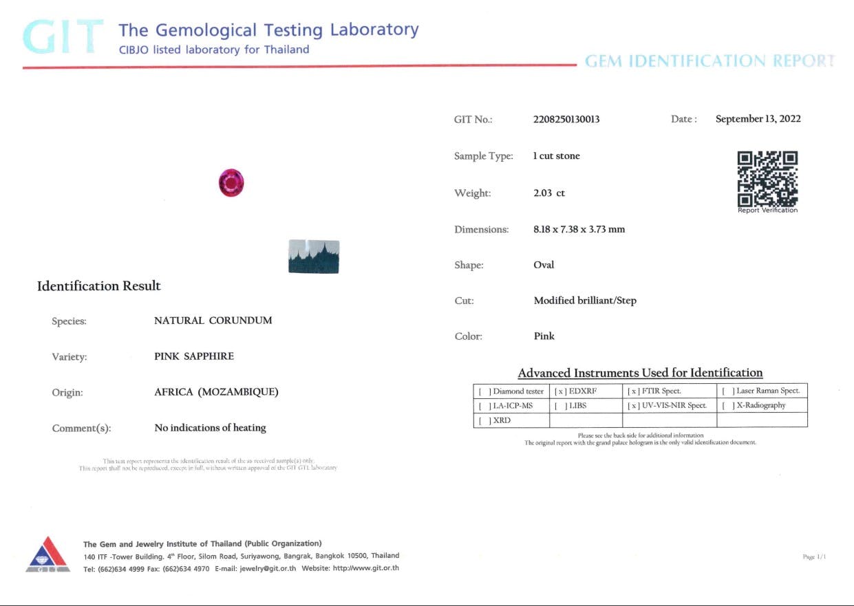 Le rapport d'identification de la gemme Bonnot Paris Saphir Rose 2,03 ct du Laboratoire de Tests Gemologiques, daté du 13 septembre 2022, confirme un saphir rose corindon naturel du Mozambique pesant 2,03 ct, mesurant 8,18 x 7,38 x 3,73 mm, de forme ovale et sans indication de chauffage.