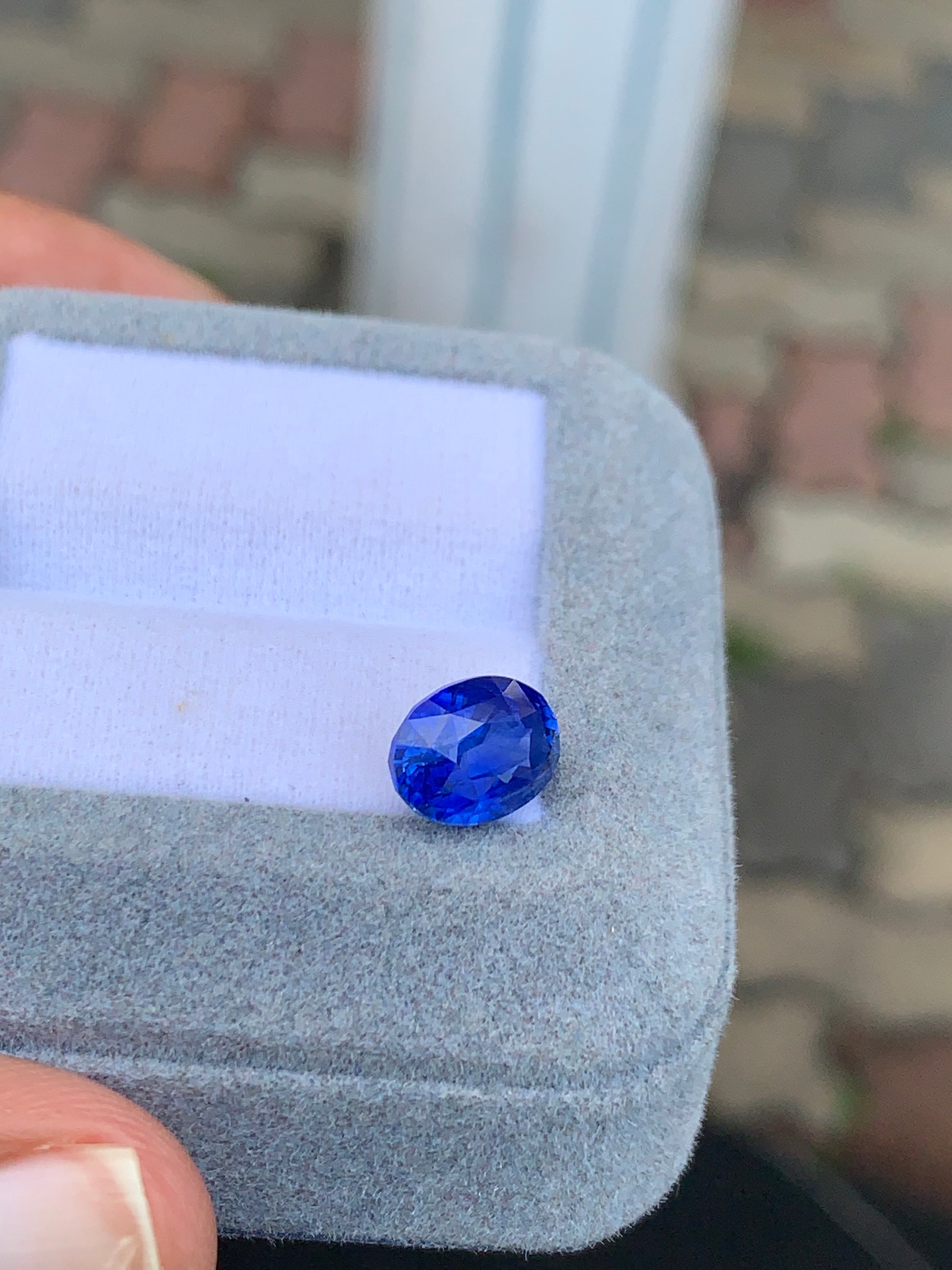 Un Saphir bleu éclatant de 3,55 carats de Bonnot Paris est présenté sur un coussin doux gris clair à l'intérieur blanc. Une main tient partiellement le coffret sur un fond de briques multicolores flou.