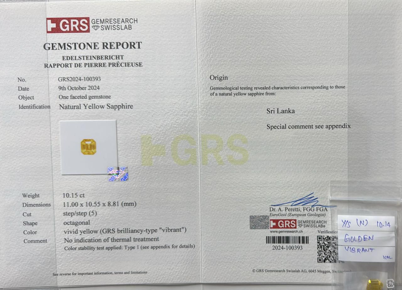 Rapport de pierres précieuses pour le « Saphir Jaune • 10,15 ct » de Bonnot Paris, réalisé par GRS Gemresearch Swisslab, présentant une image et des détails sur son poids de 10,15 carats, d'origine sri-lankaise. Signé le 9 octobre 2023, il met en valeur une teinte « jaune vif » incarnant luxe et authenticité.