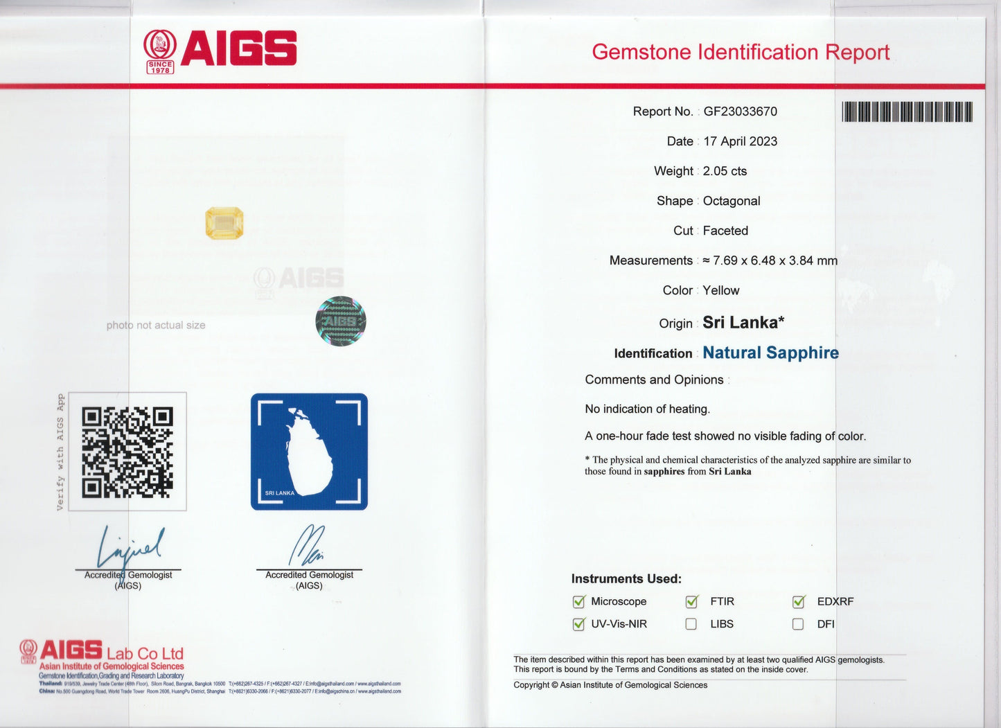 Un rapport d'identification de pierres précieuses Bonnot Paris AIGS pour un saphir jaune octogonal de 2,05 ct du Sri Lanka, indiquant aucun traitement de couleur, comprend une image de pierre précieuse, un code QR et des signatures.