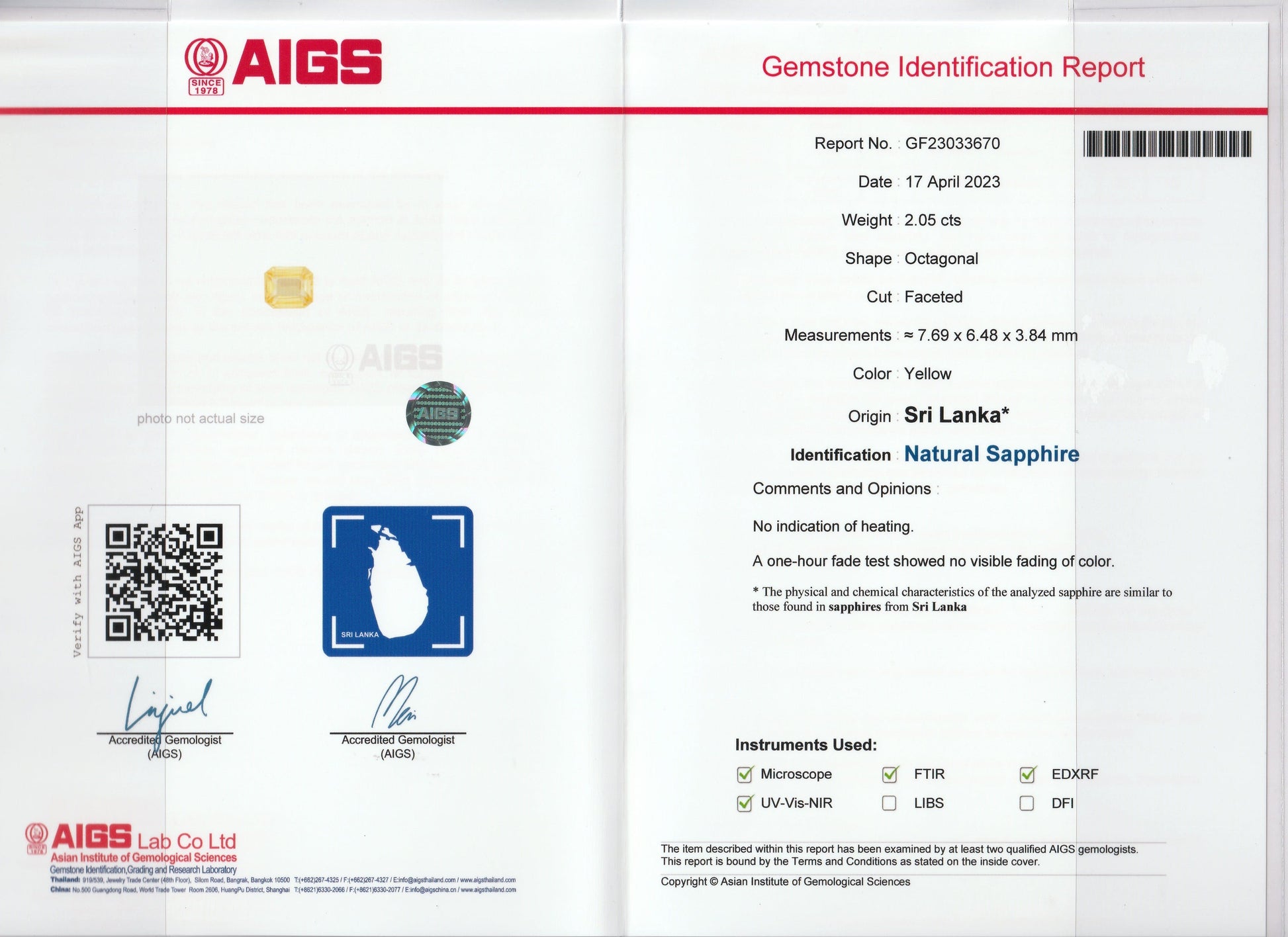 Un rapport d'identification de pierres précieuses Bonnot Paris AIGS pour un saphir jaune octogonal de 2,05 ct du Sri Lanka, indiquant aucun traitement de couleur, comprend une image de pierre précieuse, un code QR et des signatures.