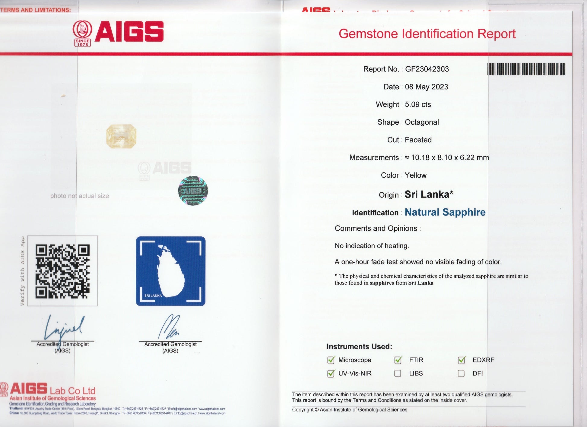 L'image présente un rapport d'identification de pierre précieuse établi par l'AIGS pour le Saphir Jaune Bonnot Paris, un saphir octogonal facetté de 5,09 carats provenant du Sri Lanka. Ce rapport confirme l'origine naturelle de la pierre, incluant mesures, notes et méthodes d'identification.