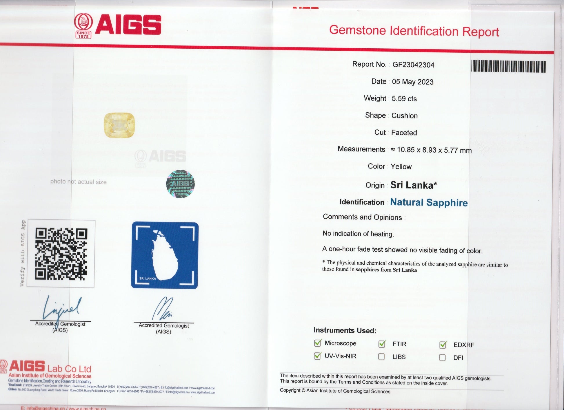 Un rapport d'identification de pierre précieuse par Bonnot Paris pour un Saphir Jaune taille coussin de 5,58 carats du Sri Lanka, daté du 5 mai 2023. Il comprend des spécifications, un code QR, des signatures et un aperçu cartographique du Sri Lanka.