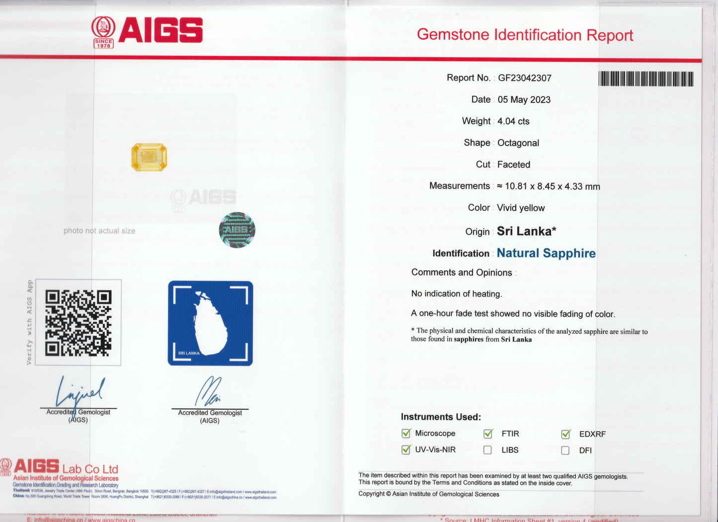 Un rapport d'AIGS daté du 5 mai 2023 décrit un saphir jaune naturel non chauffé de forme rectangulaire octogonale, pesant 4,04 carats et provenant du Sri Lanka. Ce rapport comprend des images, un code QR et une analyse microscopique. Produit : Saphir Jaune · 4,04 carats par Bonnot Paris.