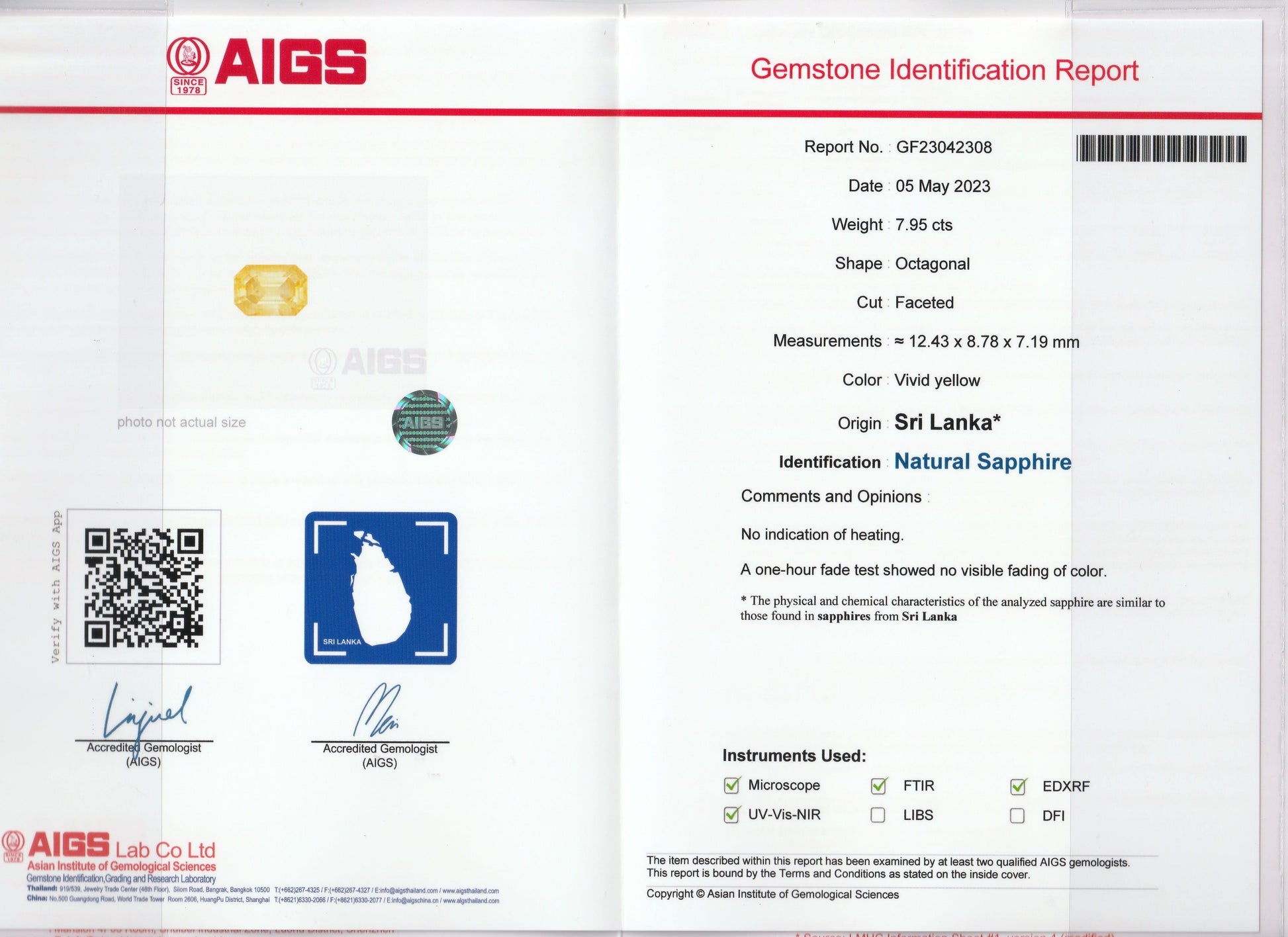 Le rapport d'identification des pierres précieuses AIGS présente le Saphir Jaune de Bonnot Paris, un saphir naturel de 7,95 carats du Sri Lanka de forme octogonale et de couleur jaune vif, avec les logos AIGS, les signatures et un contour bleu du Sri Lanka.