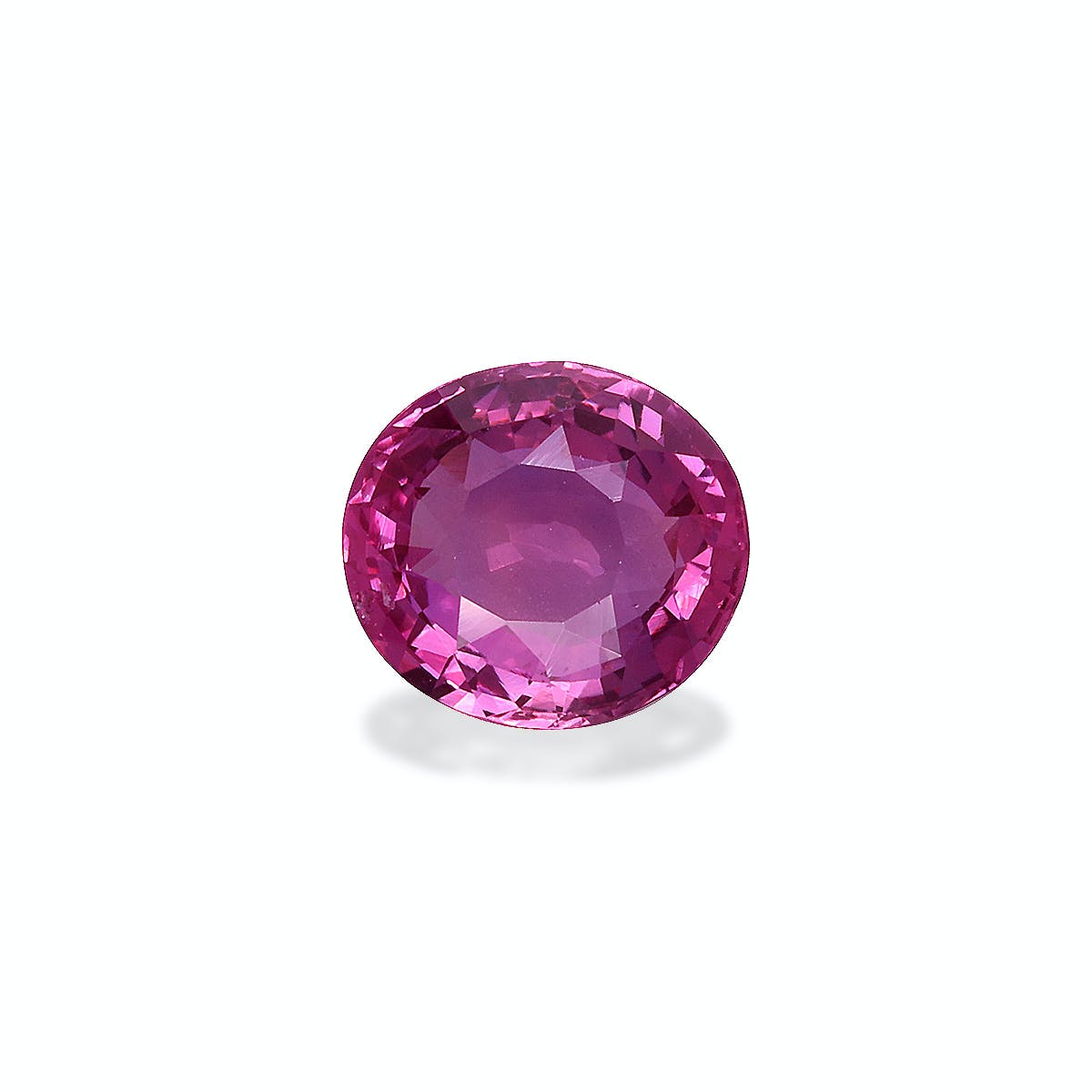 Le Saphir Rose · 2,03 ct de Bonnot Paris est une pierre précieuse rose ronde et facettée avec une teinte vibrante centrée sur un fond blanc, projetant une ombre subtile qui met en valeur ses facettes scintillantes.