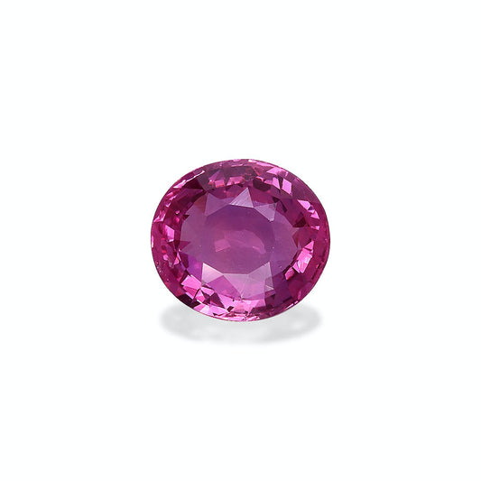 Le Saphir Rose · 2,03 ct de Bonnot Paris est une pierre précieuse rose ronde et facettée avec une teinte vibrante centrée sur un fond blanc, projetant une ombre subtile qui met en valeur ses facettes scintillantes.