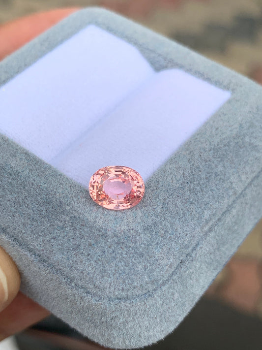 Un Saphir Padparadcha étincelant de 2,03 carats signé Bonnot Paris est présenté dans un écrin texturé bleu clair. Les facettes de la pierre ronde captent brillamment la lumière, tandis que l'intérieur de l'écrin arbore une douce teinte lilas.