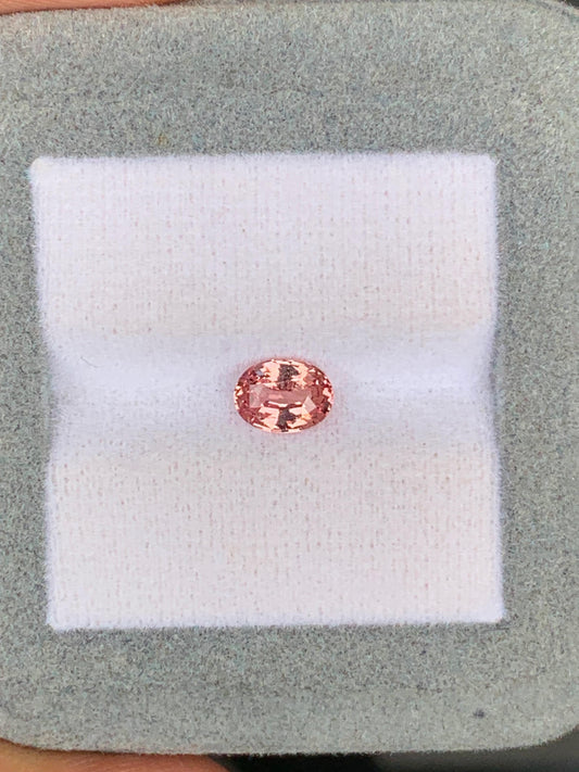 Une petite pierre précieuse rose ovale de 1,02 ct de Madagascar, rappelant le rare Saphir Padparadscha de [NOUVEAU] Bonnot Paris, est présentée sur une surface coussinée blanche à l'intérieur d'un boîtier gris.