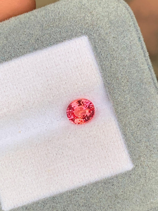 Un Saphir Padparadscha rose vif, 1,20 ct du Sri Lanka par Bonnot Paris, est présenté sur un fond gris doux avec un centre blanc, soulignant son éclat et sa clarté - une véritable pierre rare.