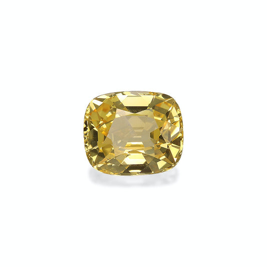 Le Saphir Jaune · 3,82 ct de Bonnot Paris est une pierre précieuse jaune facettée, taille coussin, avec une surface brillante réfléchissant la lumière sous différents angles, sur un fond blanc uni.