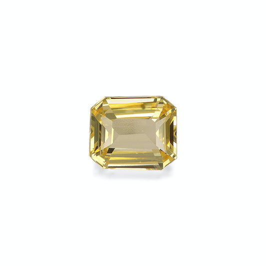 Le Saphir Jaune 2,05ct de Bonnot Paris est une pierre précieuse jaune rectangulaire taille émeraude, transparente avec des facettes reflétant la lumière pour un effet scintillant, sertie sur un fond blanc uni.