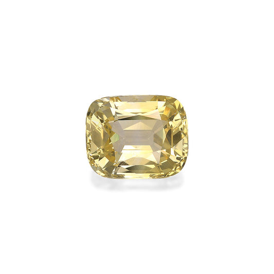 Le Saphir Jaune · 5,58ct de Bonnot Paris est une pierre précieuse rectangulaire jaune avec des coupes facettées qui reflètent la lumière sous différents angles sur un fond blanc uni, lui donnant un aspect doux et coussiné en raison de ses bords arrondis.