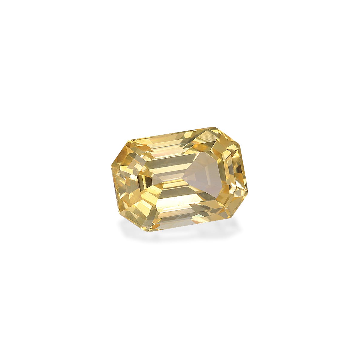Le Saphir Jaune · 7,95ct de Bonnot Paris est une pierre précieuse jaune translucide avec une taille rectangulaire en gradins et des coins chanfreinés, présentée sur un fond blanc uni.