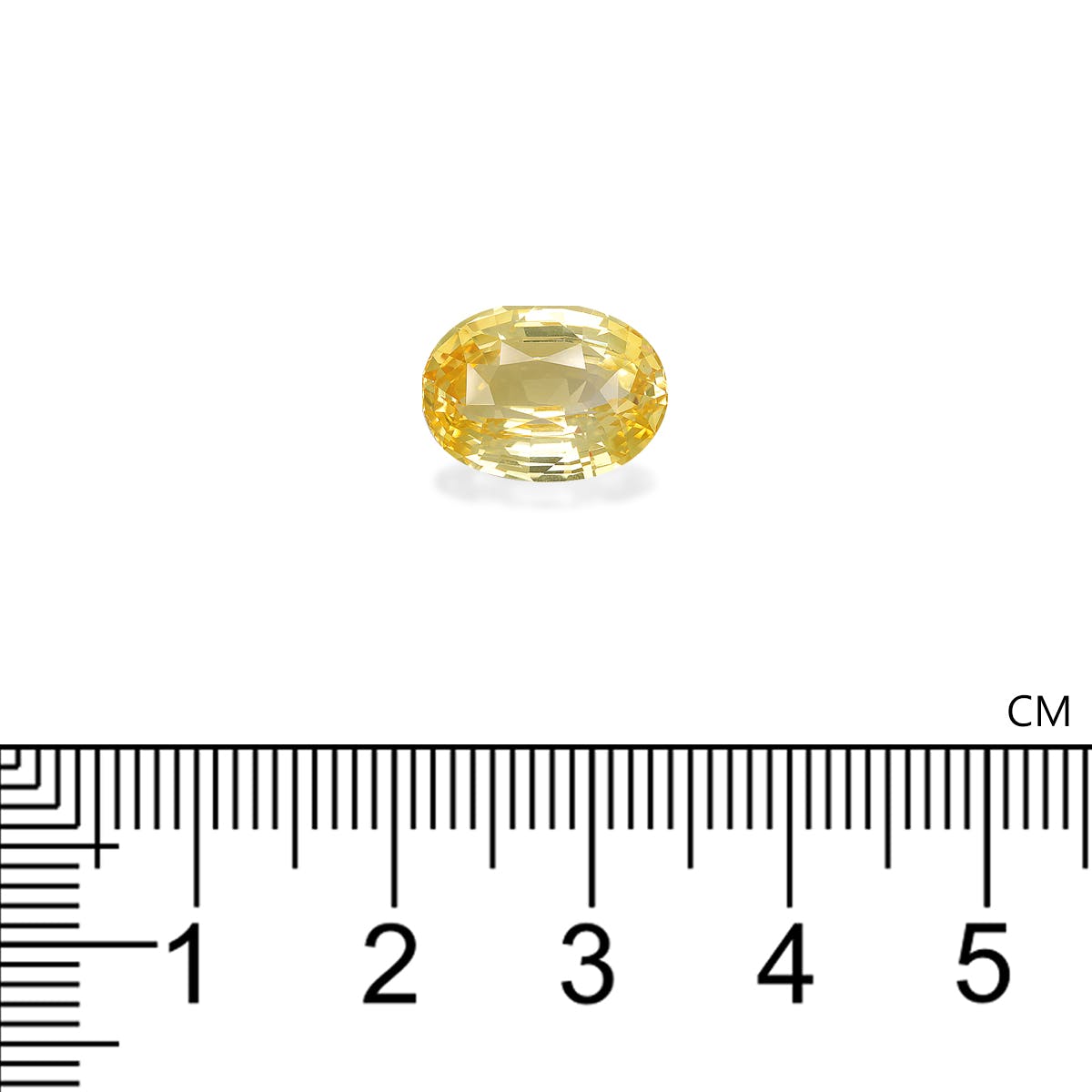 Un Saphir Jaune ovale de 5,63 carats de Bonnot Paris repose sur un fond blanc à côté d'un ruban à mesurer gradué en centimètres, montrant que la pierre mesure un peu plus de 1 cm de long.